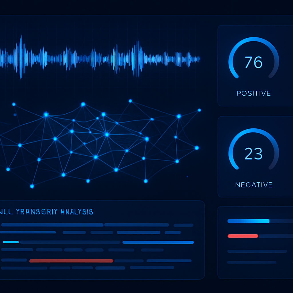 AI-powered sentiment analysis and real-time call analytics visualization showing waveform patterns and performance metrics