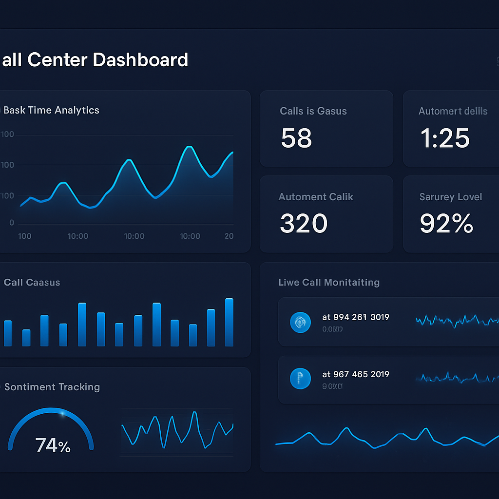 Analyticall call center platform dashboard showing real-time analytics, call queues, and AI sentiment tracking