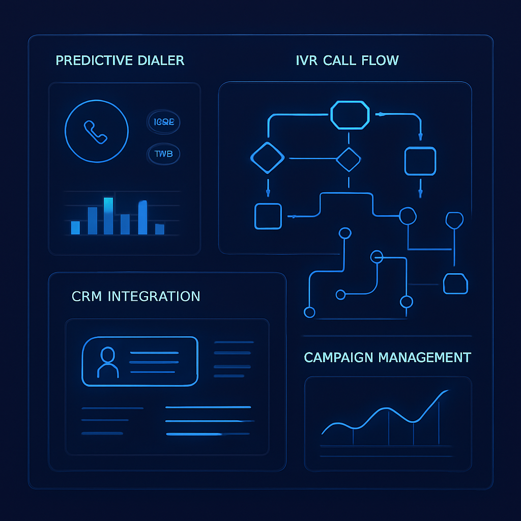 Analyticall platform overview showing call flow diagrams, predictive dialer controls, campaign management, and CRM integration panels